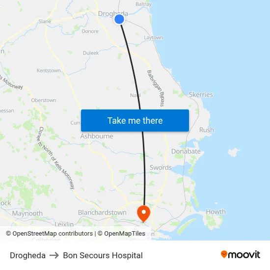 Drogheda to Bon Secours Hospital map