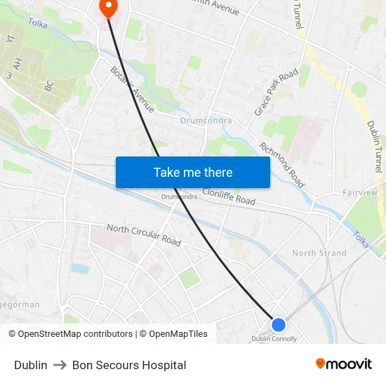 Dublin to Bon Secours Hospital map
