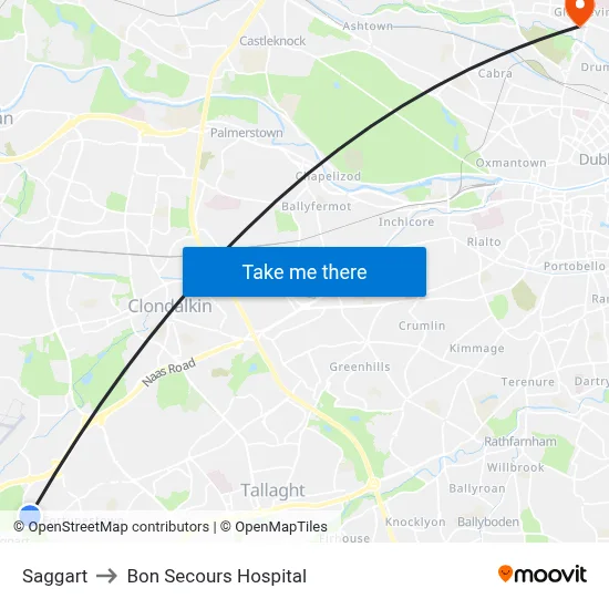 Saggart to Bon Secours Hospital map