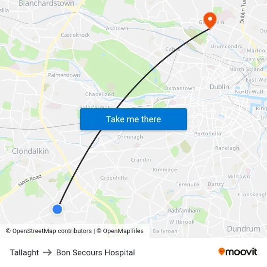 Tallaght to Bon Secours Hospital map