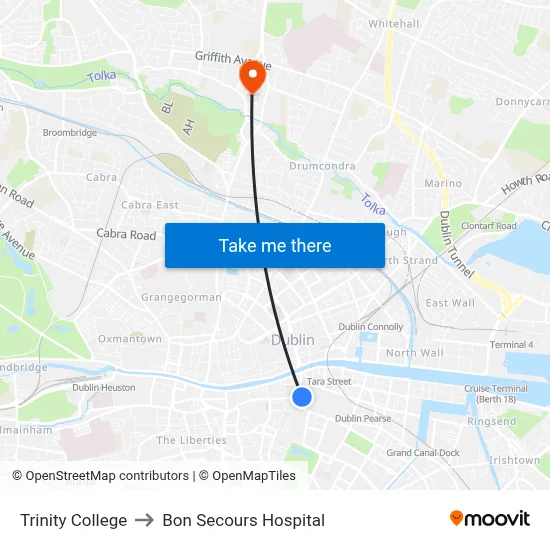Trinity College to Bon Secours Hospital map