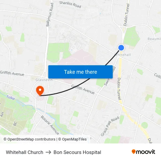 Whitehall Church to Bon Secours Hospital map