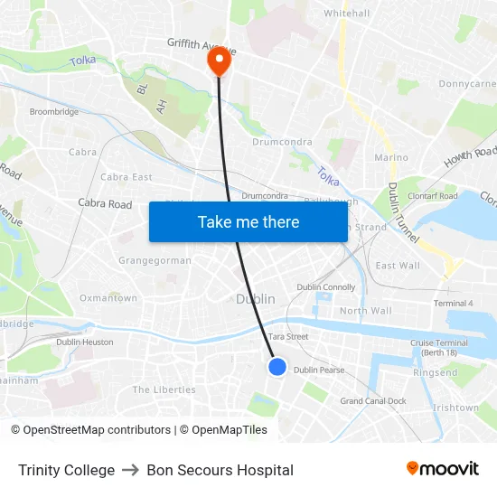 Trinity College to Bon Secours Hospital map