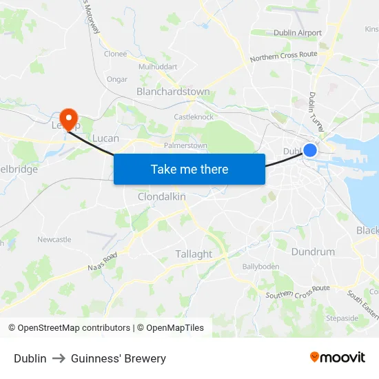 Dublin to Guinness' Brewery map