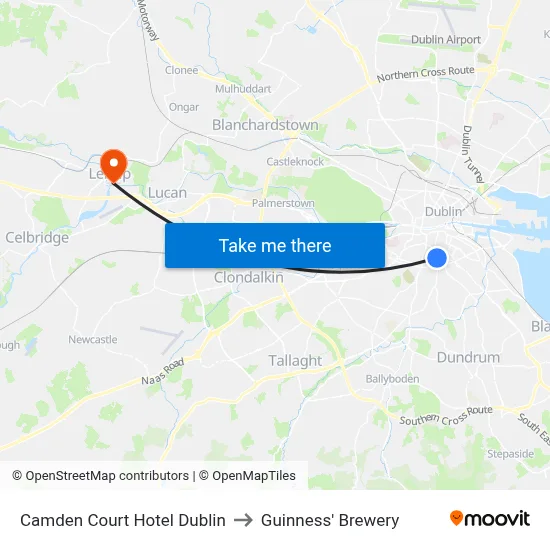 Camden Court Hotel Dublin to Guinness' Brewery map