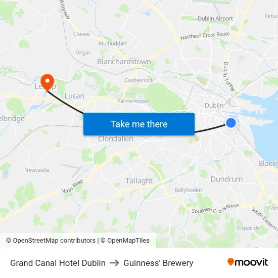 Grand Canal Hotel Dublin to Guinness' Brewery map