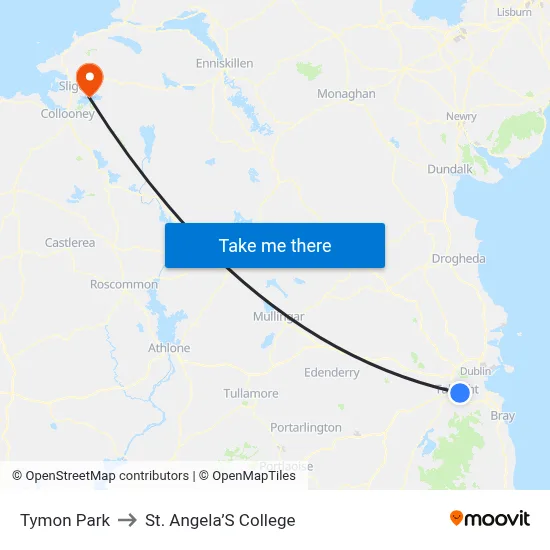 Tymon Park to St. Angela’S College map