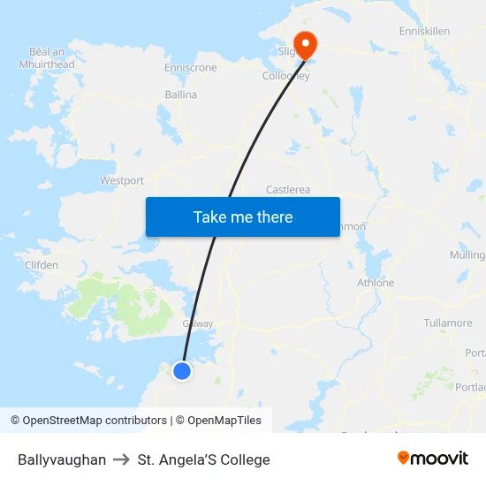 Ballyvaughan to St. Angela’S College map