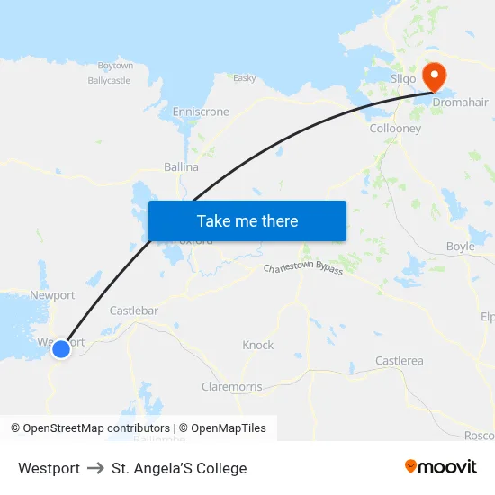 Westport to St. Angela’S College map