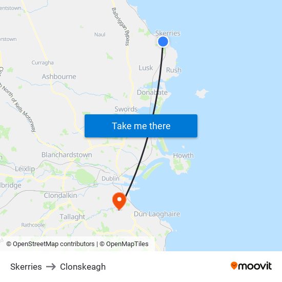 Skerries to Clonskeagh map