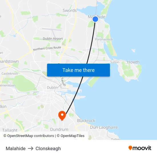 Malahide to Clonskeagh map