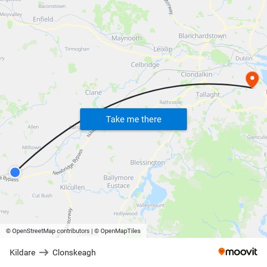 Kildare to Clonskeagh map