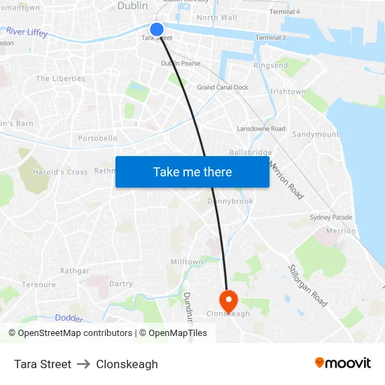 Tara Street to Clonskeagh map