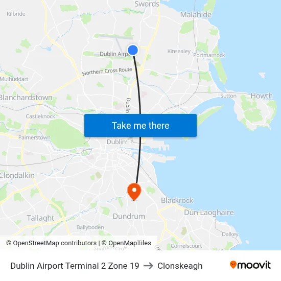 Dublin Airport Terminal 2 Zone 19 to Clonskeagh map