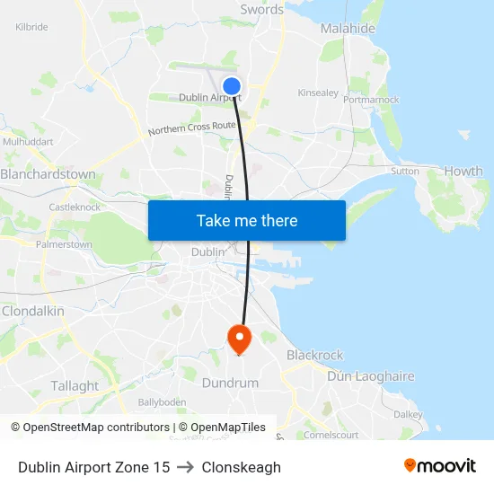 Dublin Airport Zone 15 to Clonskeagh map