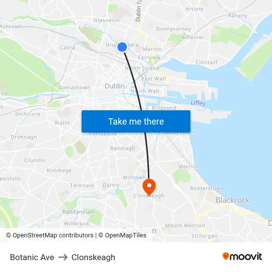 Botanic Ave to Clonskeagh map