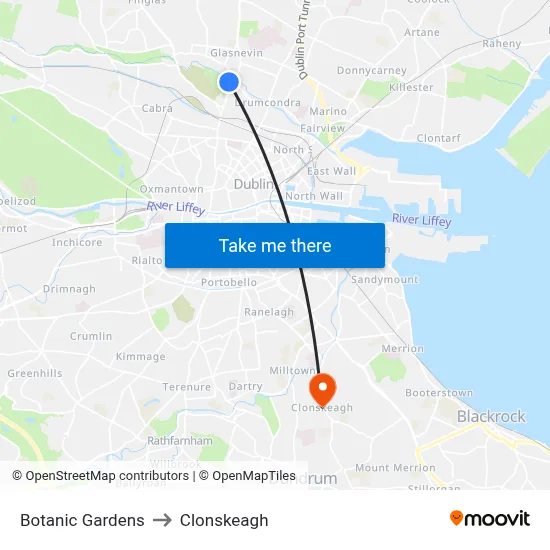 Botanic Gardens to Clonskeagh map