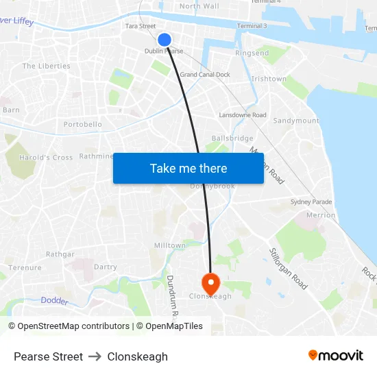 Pearse Street to Clonskeagh map