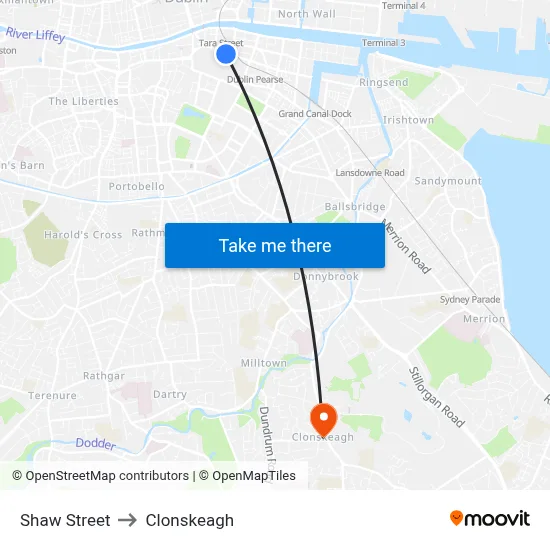 Shaw Street to Clonskeagh map