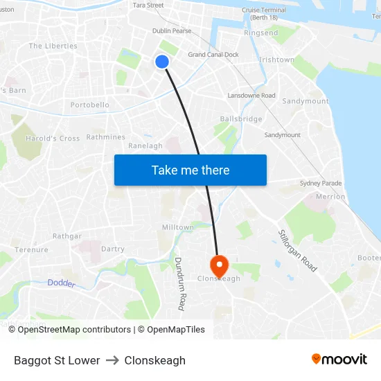 Baggot St Lower to Clonskeagh map
