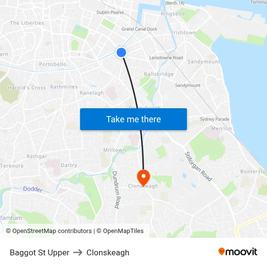 Baggot St Upper to Clonskeagh map