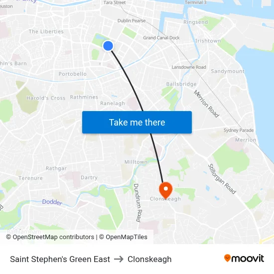 Saint Stephen's Green East to Clonskeagh map