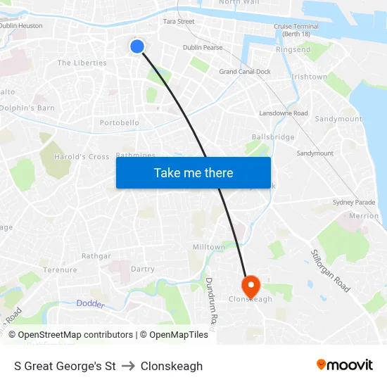 S Great George's St to Clonskeagh map