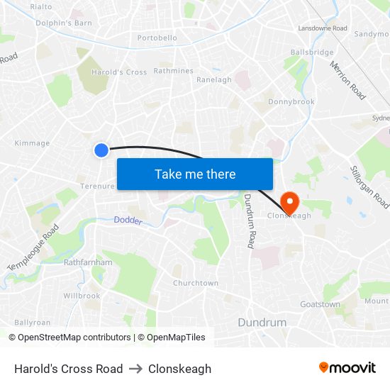 Harold's Cross Road to Clonskeagh map