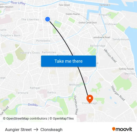Aungier Street to Clonskeagh map