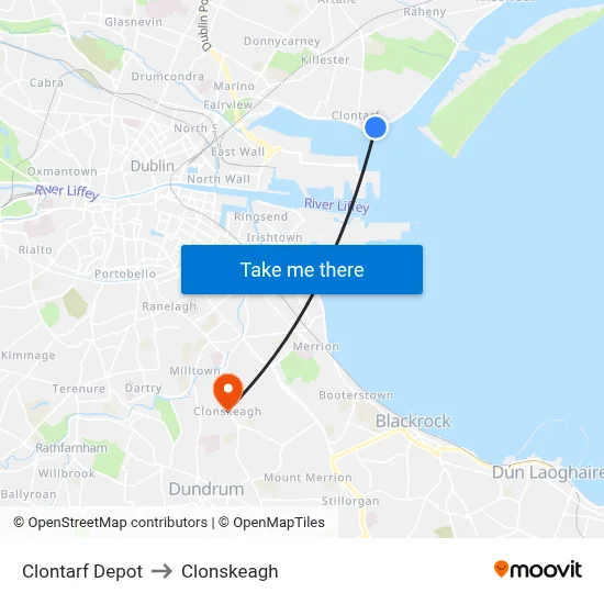 Clontarf Depot to Clonskeagh map