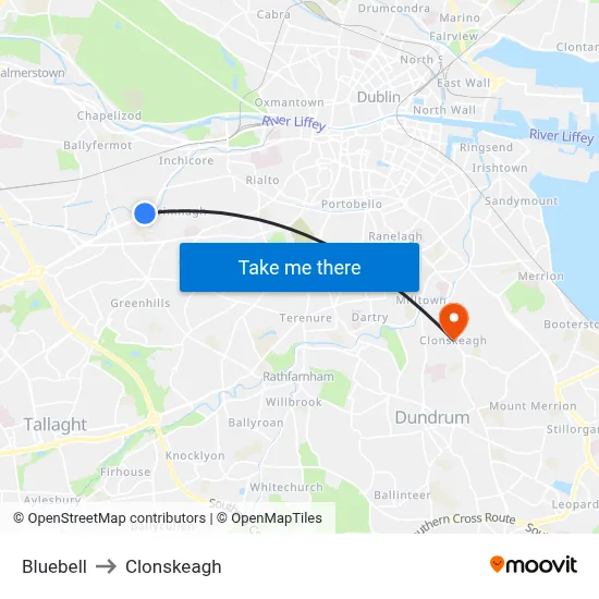 Bluebell to Clonskeagh map