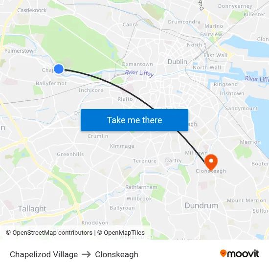 Chapelizod Village to Clonskeagh map
