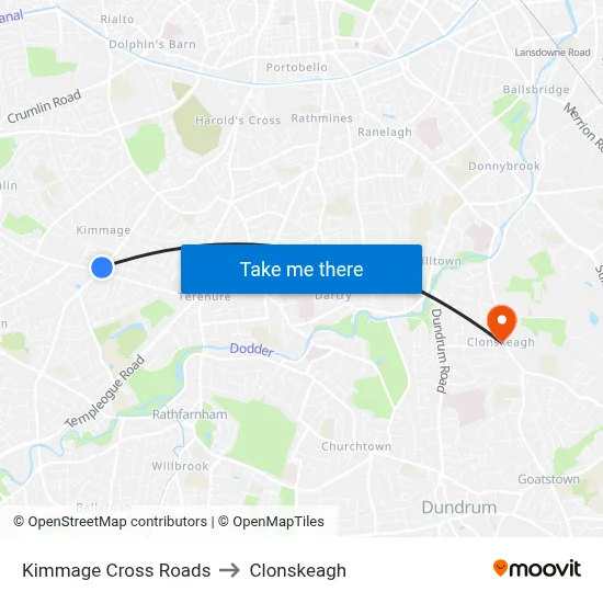 Kimmage Cross Roads to Clonskeagh map