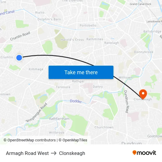 Armagh Road West to Clonskeagh map