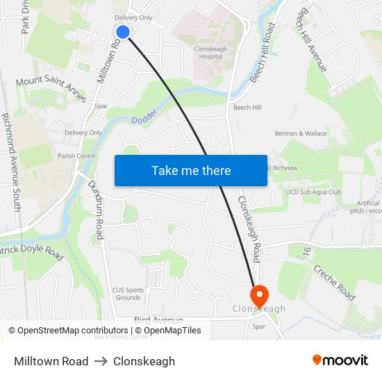 Milltown Road to Clonskeagh map