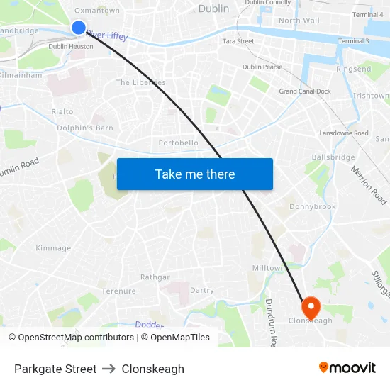Parkgate Street to Clonskeagh map