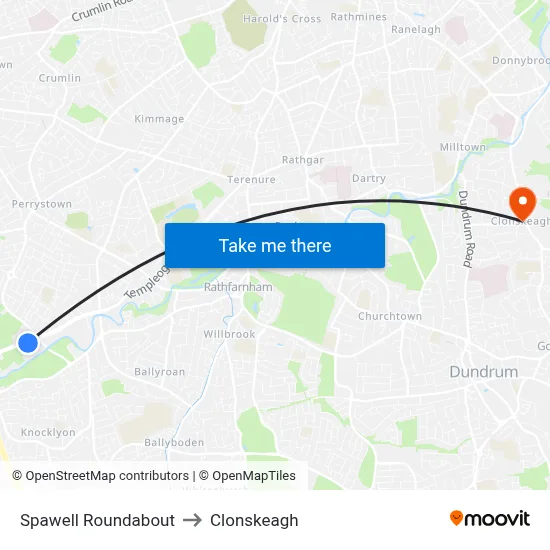 Spawell Roundabout to Clonskeagh map