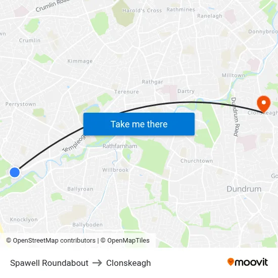 Spawell Roundabout to Clonskeagh map