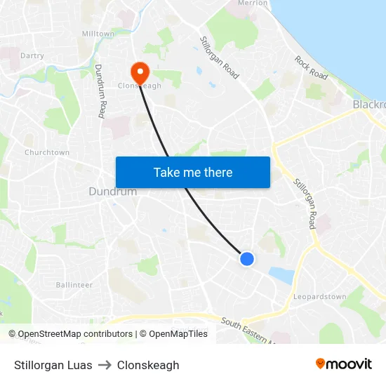 Stillorgan Luas to Clonskeagh map
