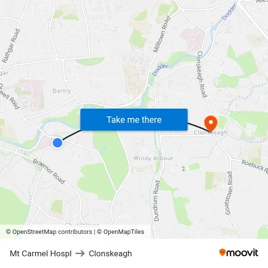 Mt Carmel Hospl to Clonskeagh map