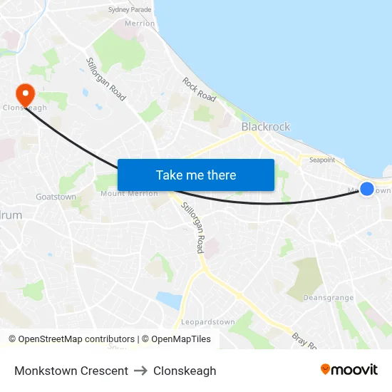 Monkstown Crescent to Clonskeagh map