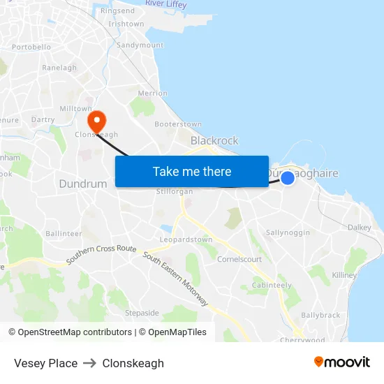 Vesey Place to Clonskeagh map