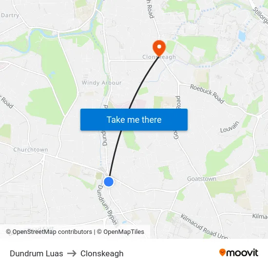 Dundrum Luas to Clonskeagh map