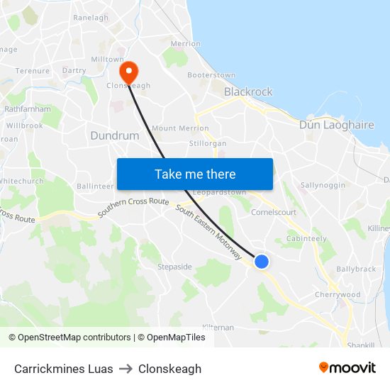 Carrickmines Luas to Clonskeagh map