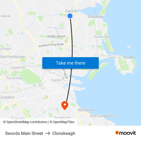 Swords Main Street to Clonskeagh map