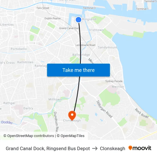 Grand Canal Dock, Ringsend Bus Depot to Clonskeagh map