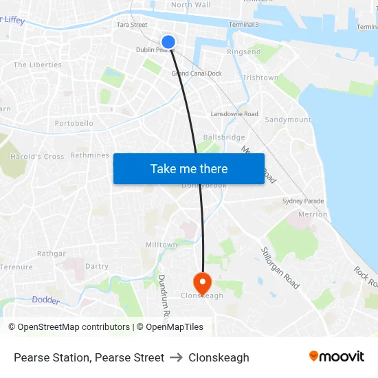 Pearse Station, Pearse Street to Clonskeagh map