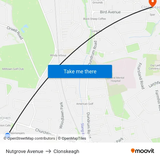 Nutgrove Avenue to Clonskeagh map