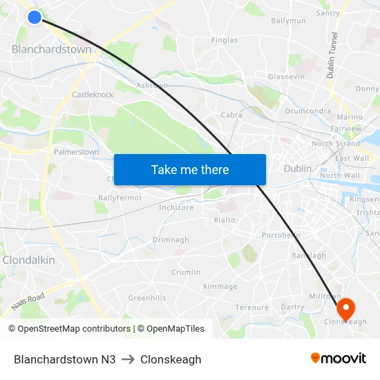 Blanchardstown N3 to Clonskeagh map