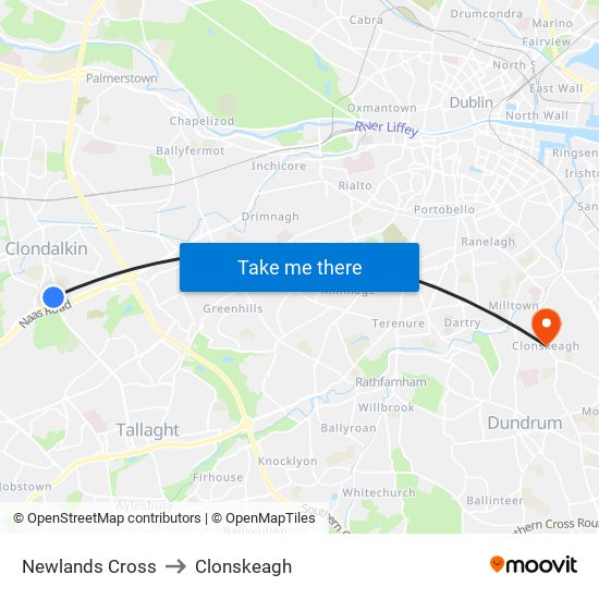 Newlands Cross to Clonskeagh map